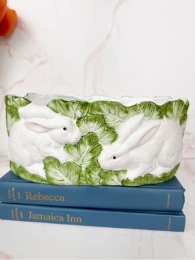 Vintage Ceramic Bisque Bunny & Leaf Cachepot Planter or Catchall
